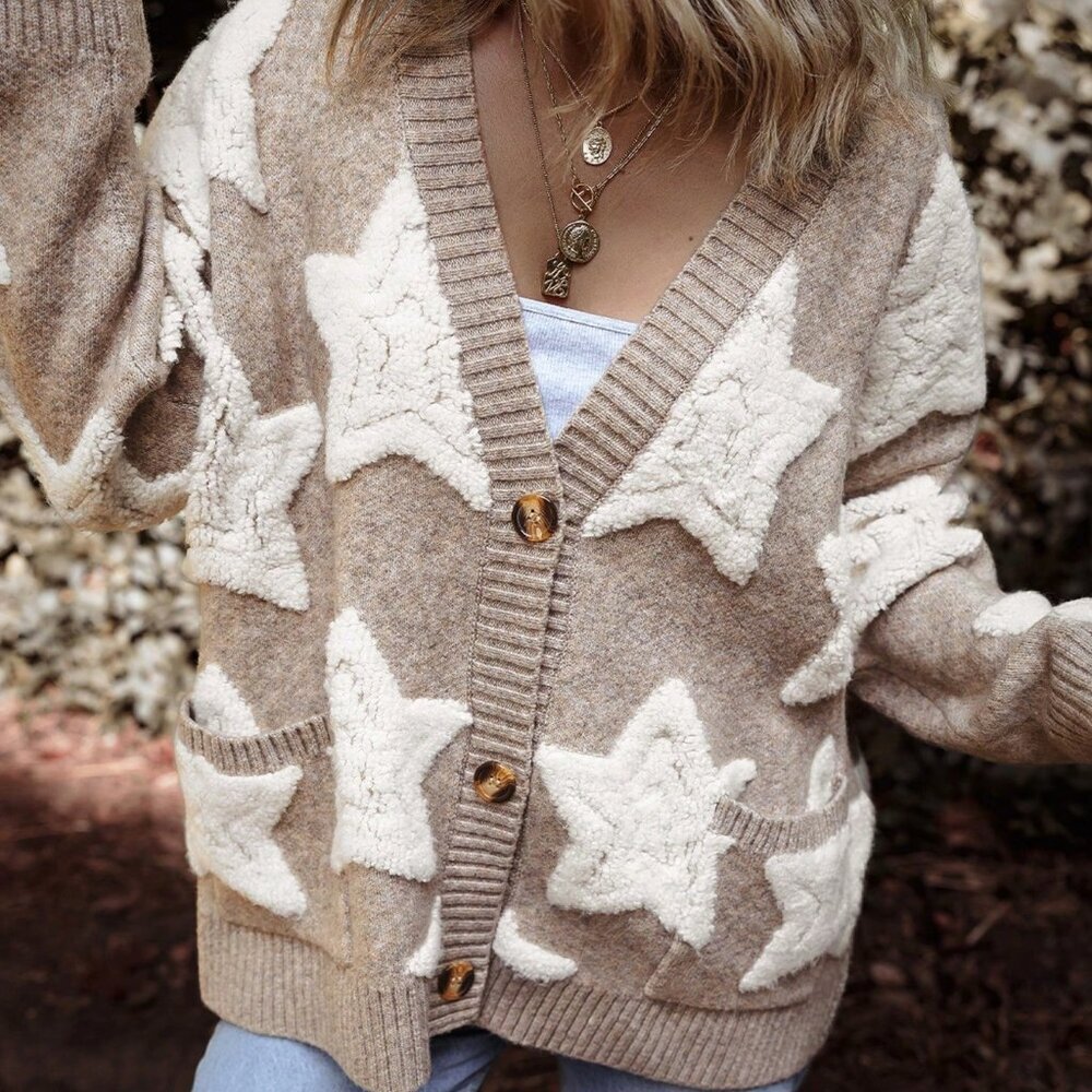 Khaki Casual Women's Cute And Star Pattern Loose Fit Cardigan - Picture 3 of 8